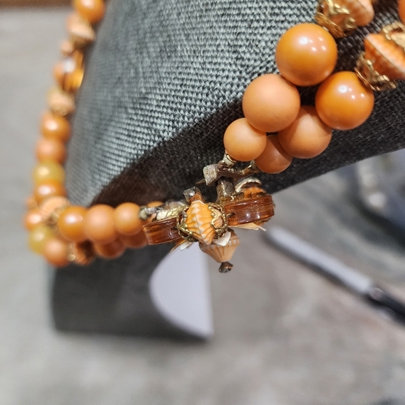 Vintage Double Strand Peach & Amber Bead Necklace w/ Floral Accent - Picture 9 of 10
